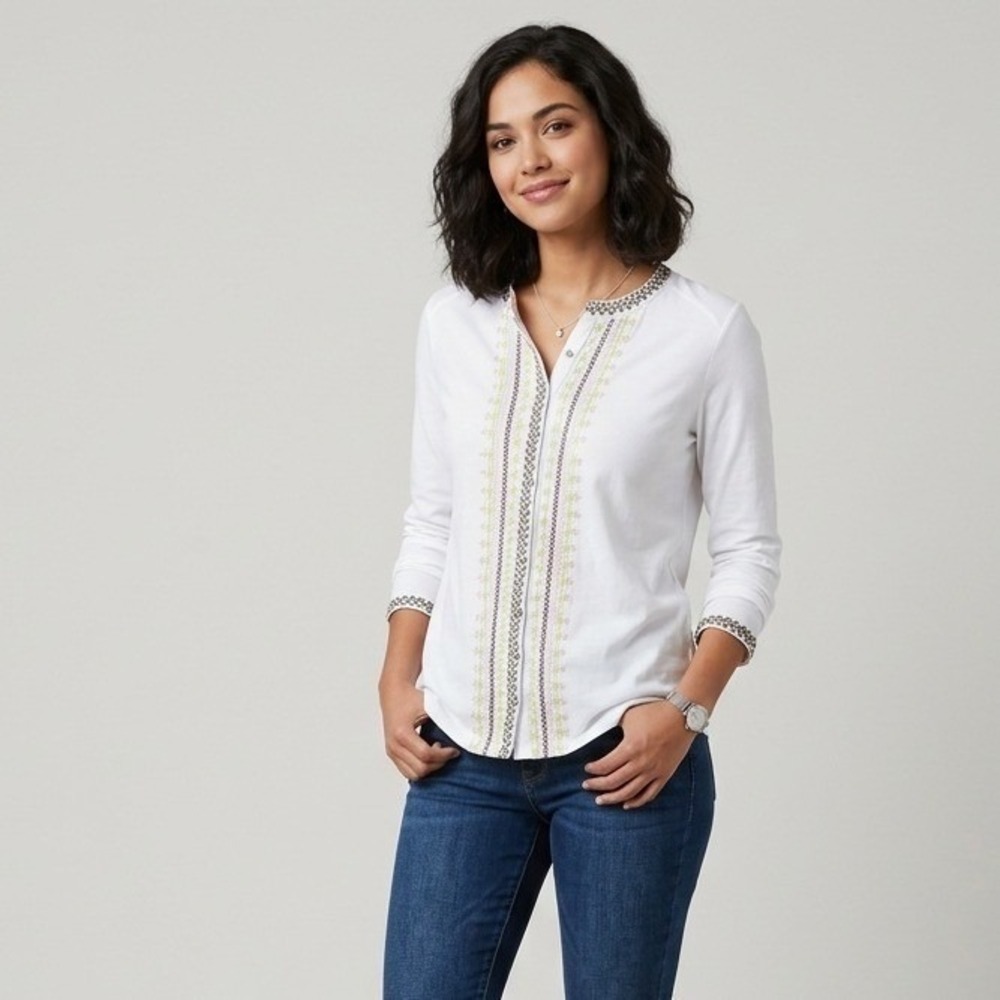 Lolita Embroidered Button‎ Through Top Size M White Long Sleeve Boho Cotton